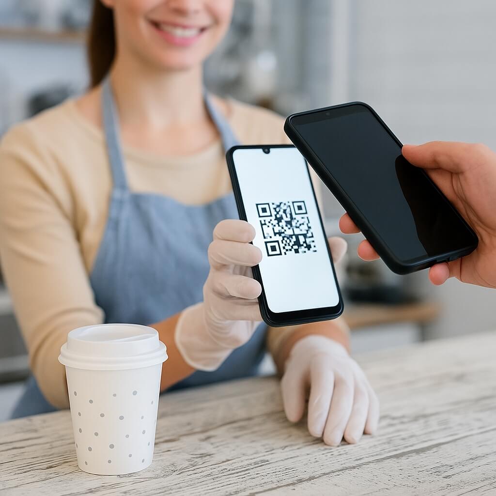 Kundin scannt mit dem Smartphone einen QR Code auf dem Handy einer Verkäuferin, um kontaktlos für einen Kaffee zu bezahlen – modernes Bezahlen mit QR Code im Ladengeschäft.