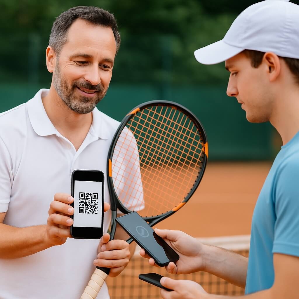 Ein Tennistrainer hält ein Smartphone mit QR Code hoch, während ein Kunde den Code mit dem Handy auf dem Tennisplatz scannt – unkompliziertes Bezahlen mit QR Code für mobile Geschäfte und Selbständige.