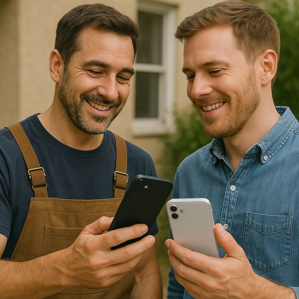 Mobile Payment für Handwerker: Ein Handwerker in Arbeitskleidung und ein Kunde in Freizeitkleidung führen eine kontaktlose Smartphone-Zahlung durch, beide lächeln freundlich.