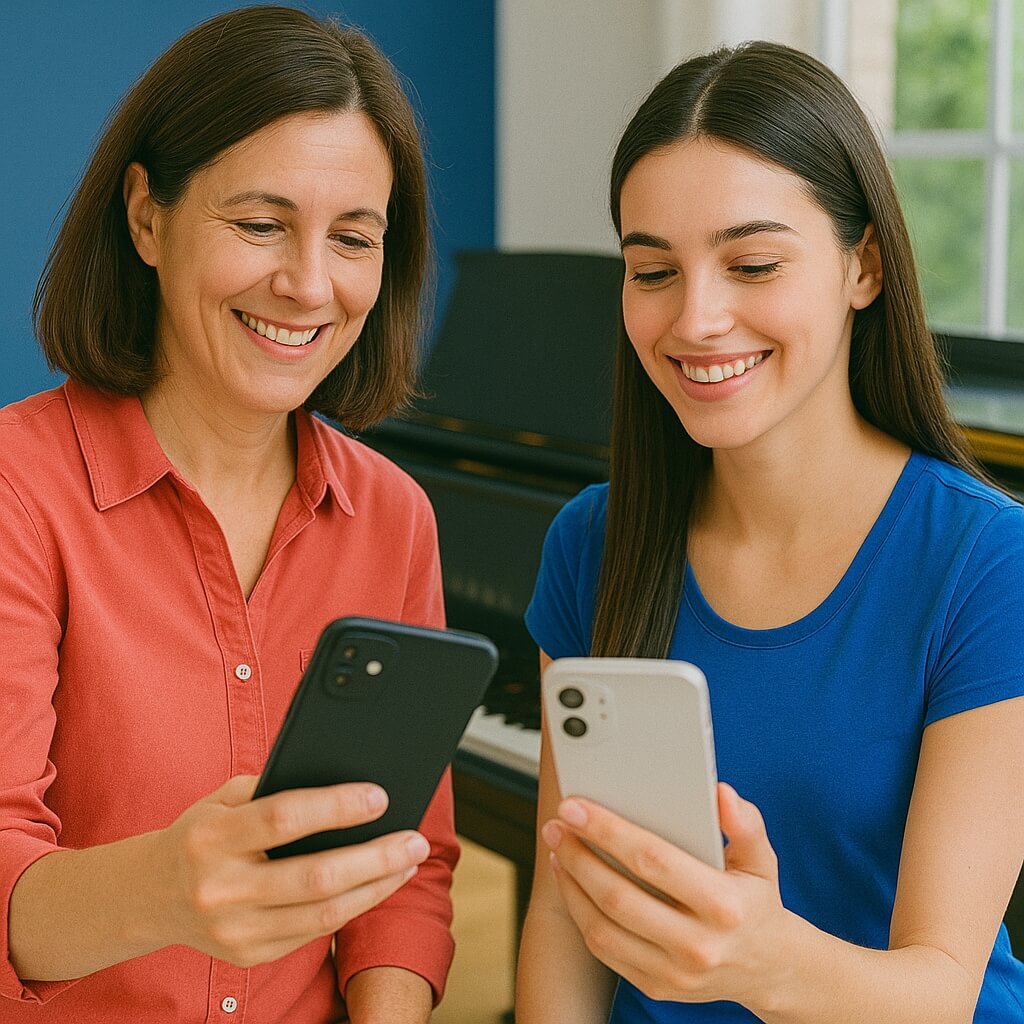Tap to Pay: Eine Klavierlehrerin und ihre junge Schülerin führen eine freundliche kontaktlose Zahlung via Tap to Pay mit ihren Smartphones durch, im Hintergrund steht ein Klavier."