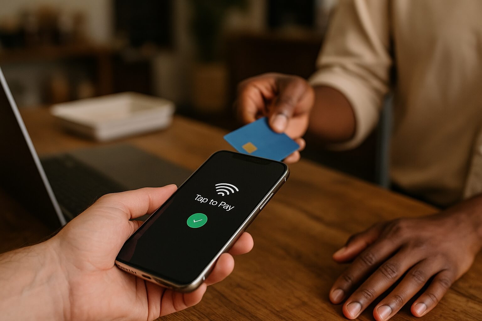 Nahaufnahme einer mobilen Kartenzahlung: Eine Person hält ein Smartphone mit Tap-to-Pay-Funktion, während eine andere eine blaue Kreditkarte an das Gerät hält – Symbol für modernes, kontaktloses Bezahlen