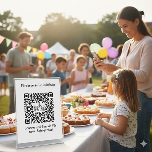 Mutter und Kind bei einem Schulfest, scannen einen QR-Code auf einem Spendenplakat des Fördervereins Grundschule zur Unterstützung neuer Spielgeräte. Im Hintergrund Kuchenbuffet und fröhliche Gäste.
