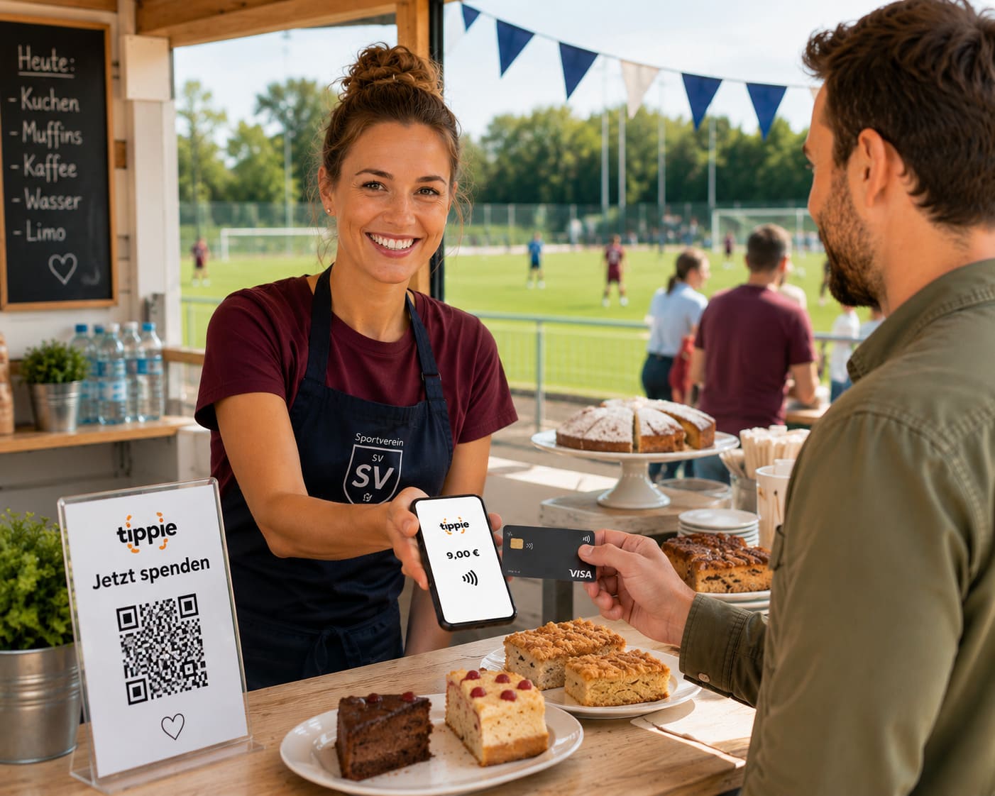 Digitales Bezahlsystem für Vereine: Verkäuferin am Kuchenstand eines Sportvereins nimmt eine kontaktlose Kartenzahlung entgegen. Ein QR-Code zum Spenden steht gut sichtbar auf dem Verkaufstisch.