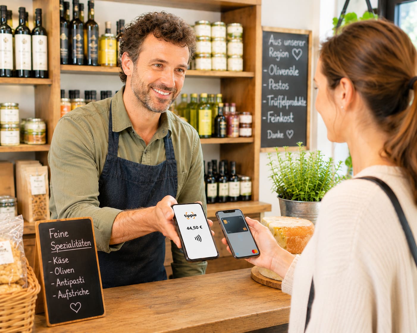 Verkäufer nutzt sein Handy als Zahlungsterminal, während die Kundin kontaktlos mit ihrem Smartphone im Feinkostladen bezahlt.