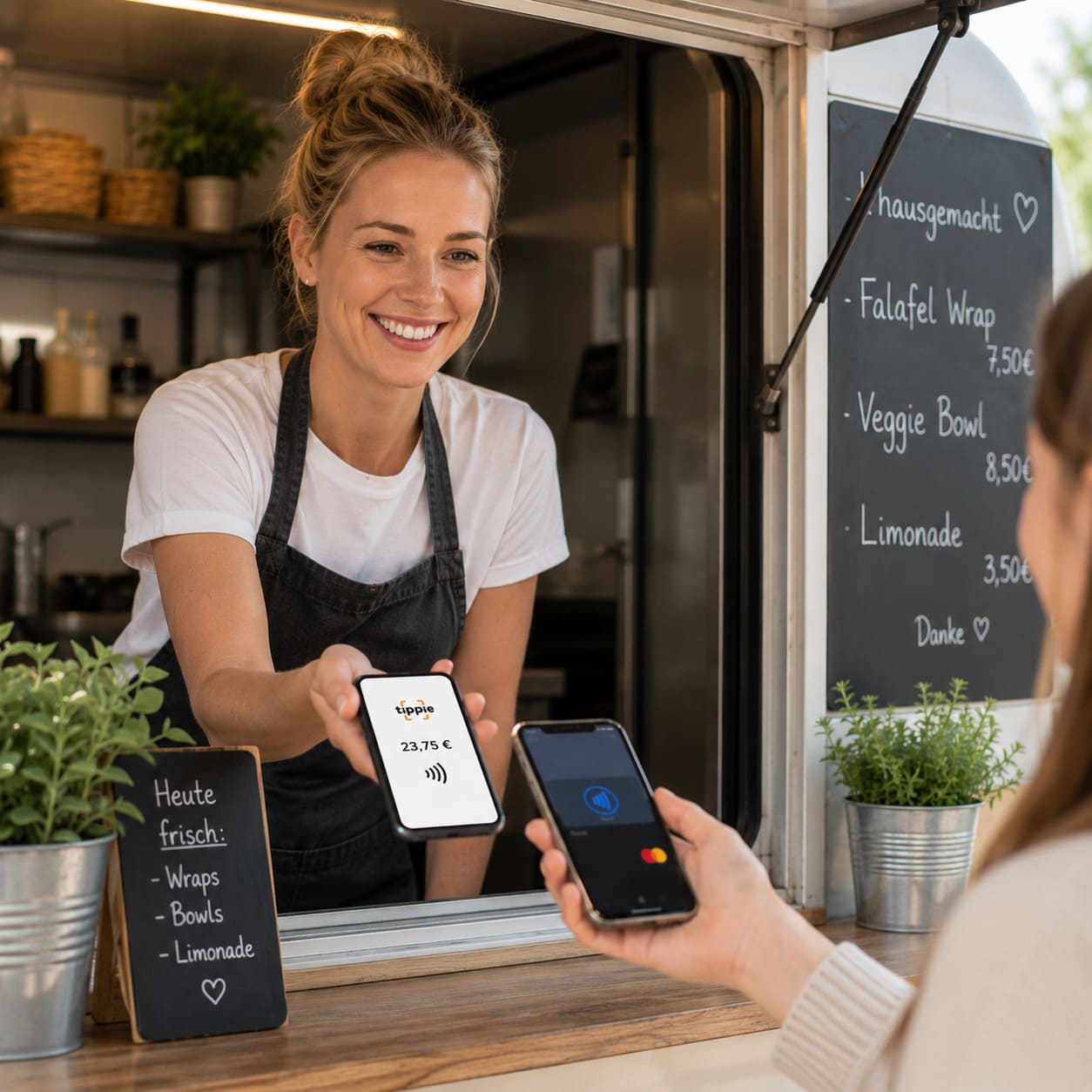 Verkäuferin im Foodtruck hält ihr Smartphone mit SoftPos App für eine kontaktlose Tap-to-Pay-Zahlung hin. Kundin bezahlt mit dem eigenen Handy.