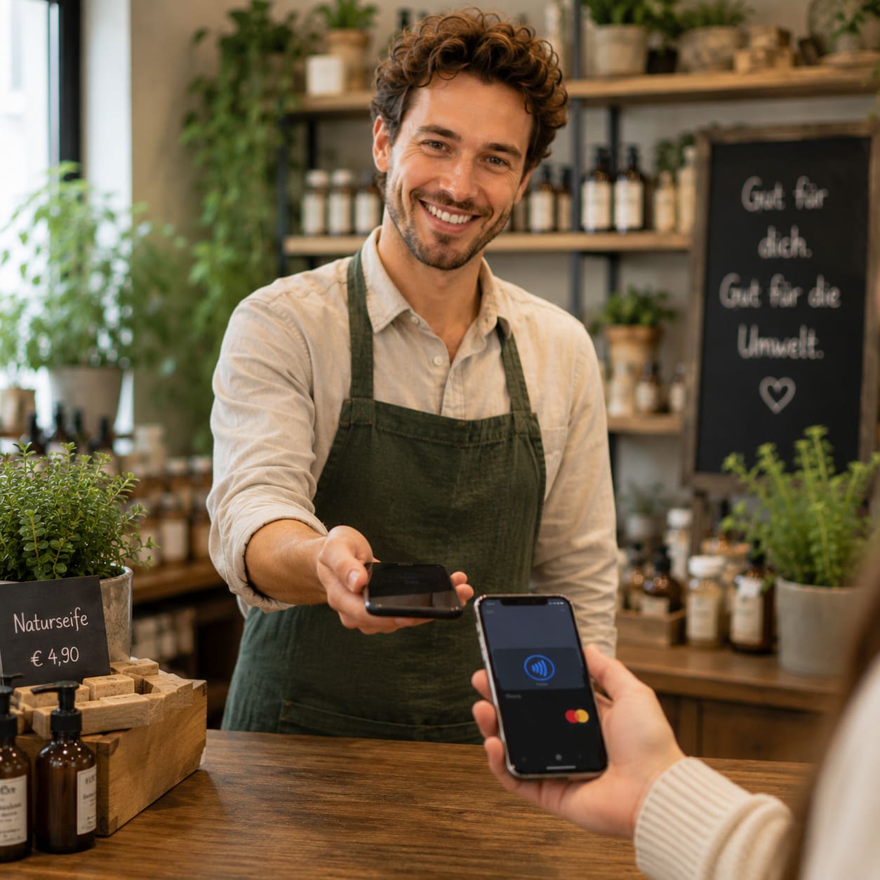 Freundlicher Verkäufer hält einem Kunden sein Smartphone für eine Tap-to-Pay-Zahlung hin, während der Kunde mit seinem eigenen Handy kontaktlos bezahlt.